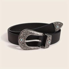 Western Turquoise Engraved Buckle Belt Vintage PU Leather Jeans Pants Belt