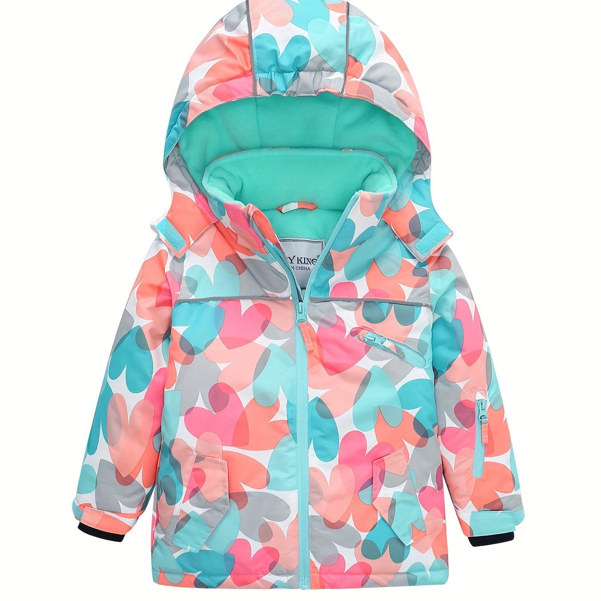 Girls' Heart Print Ski Jacket Hooded Zip Up Winter Vacation Gift
