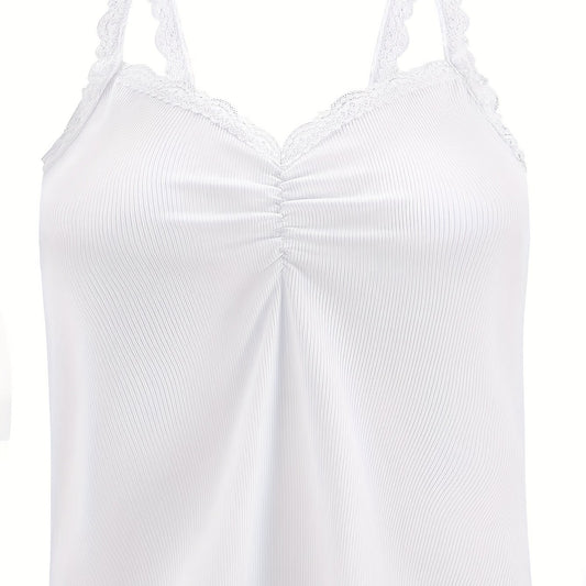  Solid Ribbed Lace Trim V Neck Cami Top