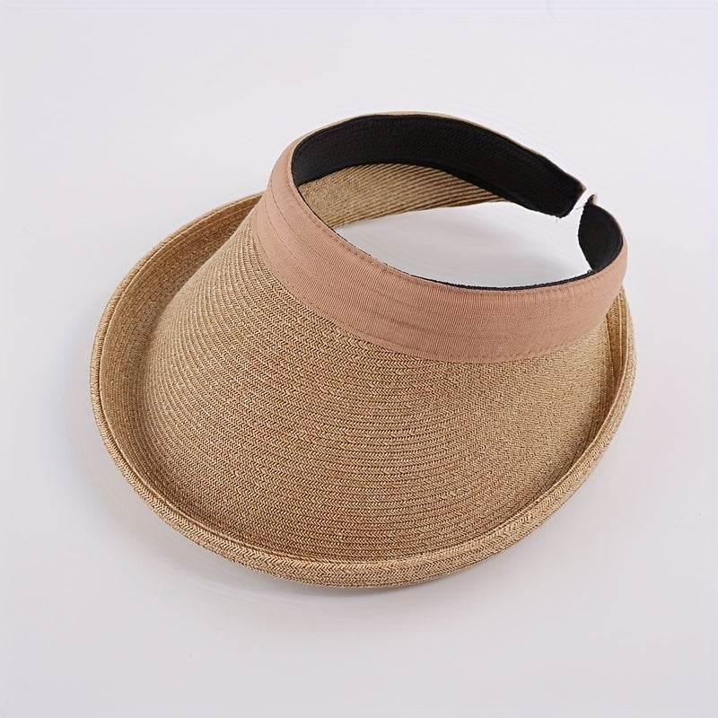 UV Protection Straw Sun Hat Roll Brim Ponytail Visor Hat Vintage Beach Hats
