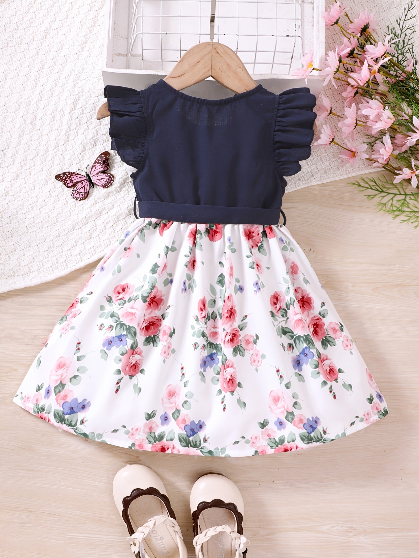 Floral Ruffle Trim Princess Dress For Party Kids Summer