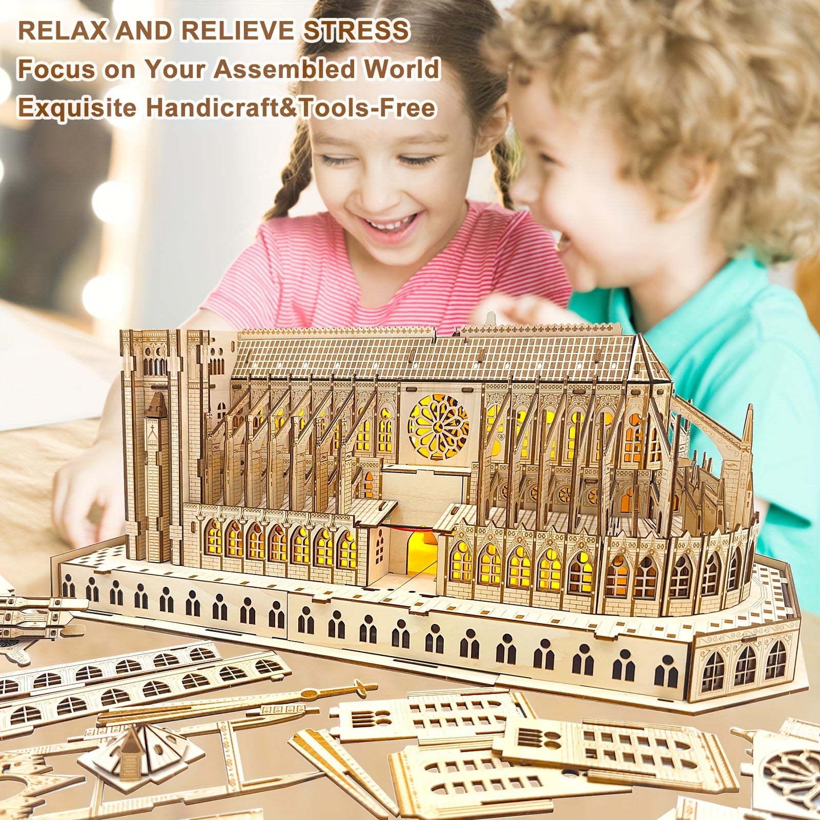 3D Wooden Puzzle Notre Dame Cathedral Model Kit with LED - DIY Brain Teaser Game
