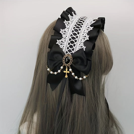Lolita Wide Lace Headband Bow Ruffles Hair Band Faux Pearl Chain Cross