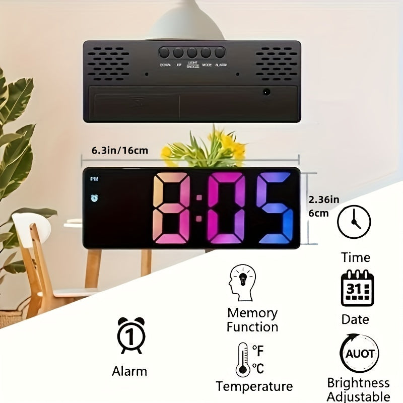 Colorful LED Digital Alarm Clock Mirror Display Snooze Temperature 12 24H USB