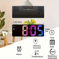 Colorful LED Digital Alarm Clock Mirror Display Snooze Temperature 12 24H USB