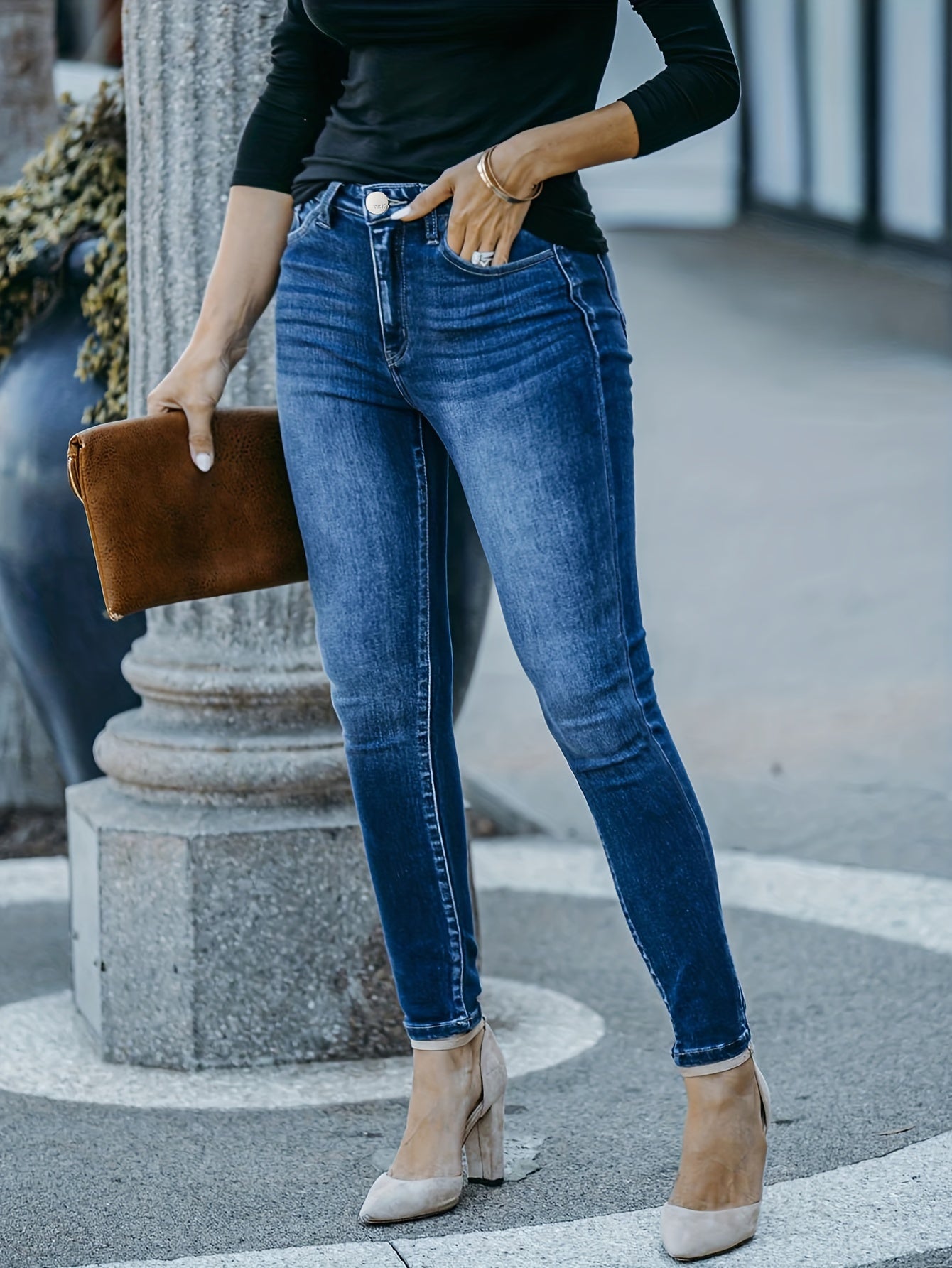  Solid Button Up Stretch Skinny Jeans