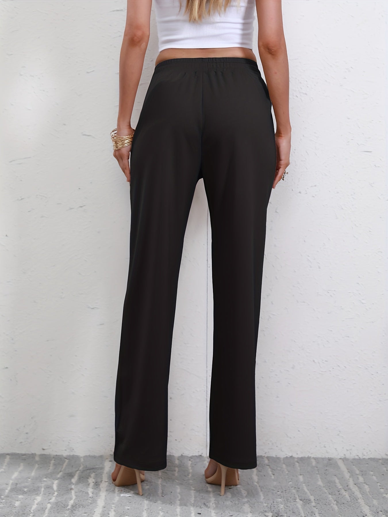 Drawstring Waist Straight Leg Pants High Waist Casual
