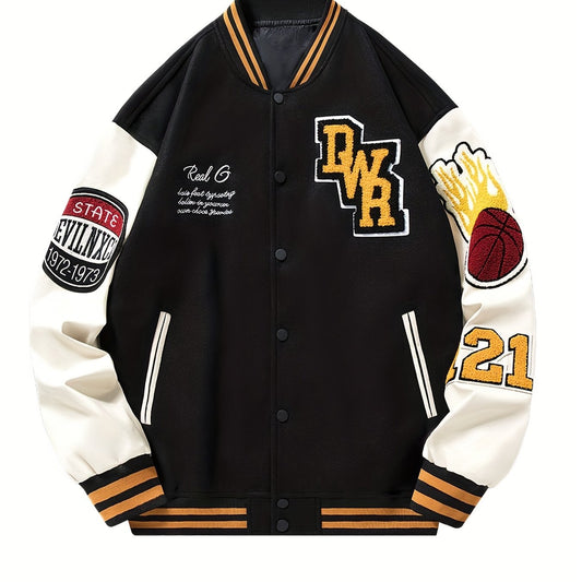 Vintage Embroidery Letter Varsity Jacket Men's Casual Block Button Up Jacket