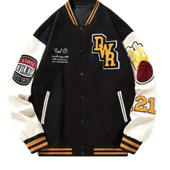 Vintage Embroidery Letter Varsity Jacket Men's Casual Block Button Up Jacket
