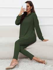 Casual Knitted Two Piece Set Long Sleeve Split Hooded Top & Skinny Pants