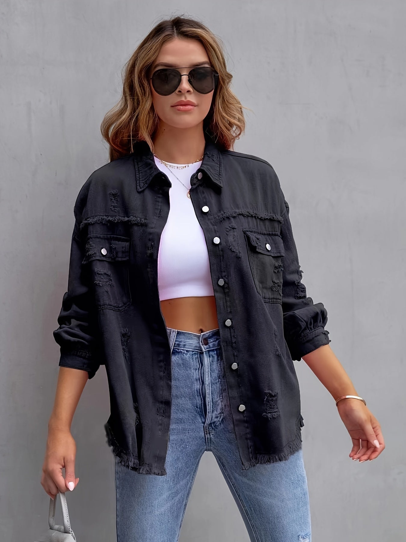  Solid Button Up Denim Jacket with Fringe Trim