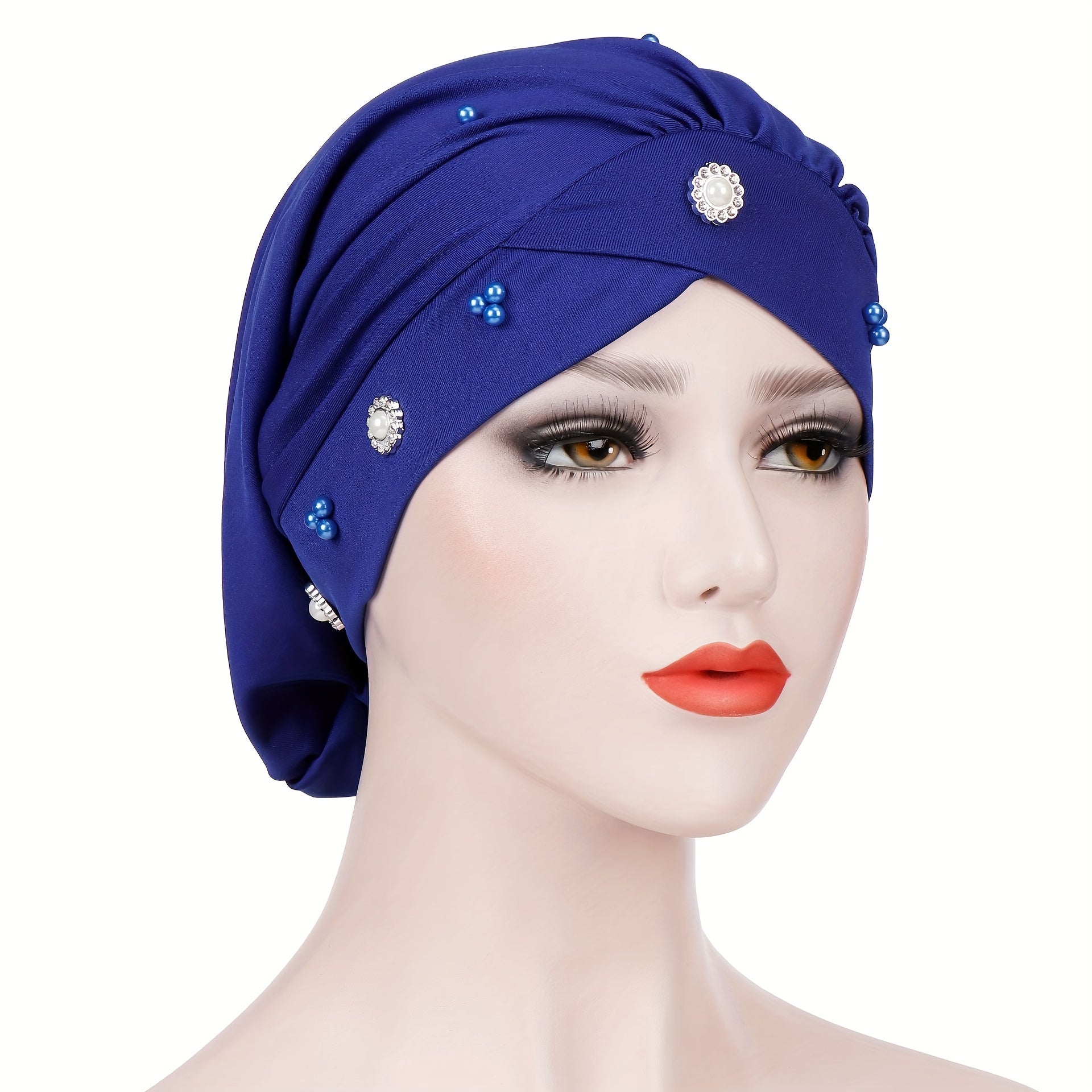 Beaded Flower Decor Head Wrap Solid Beanie Lightweight Hijab Hat