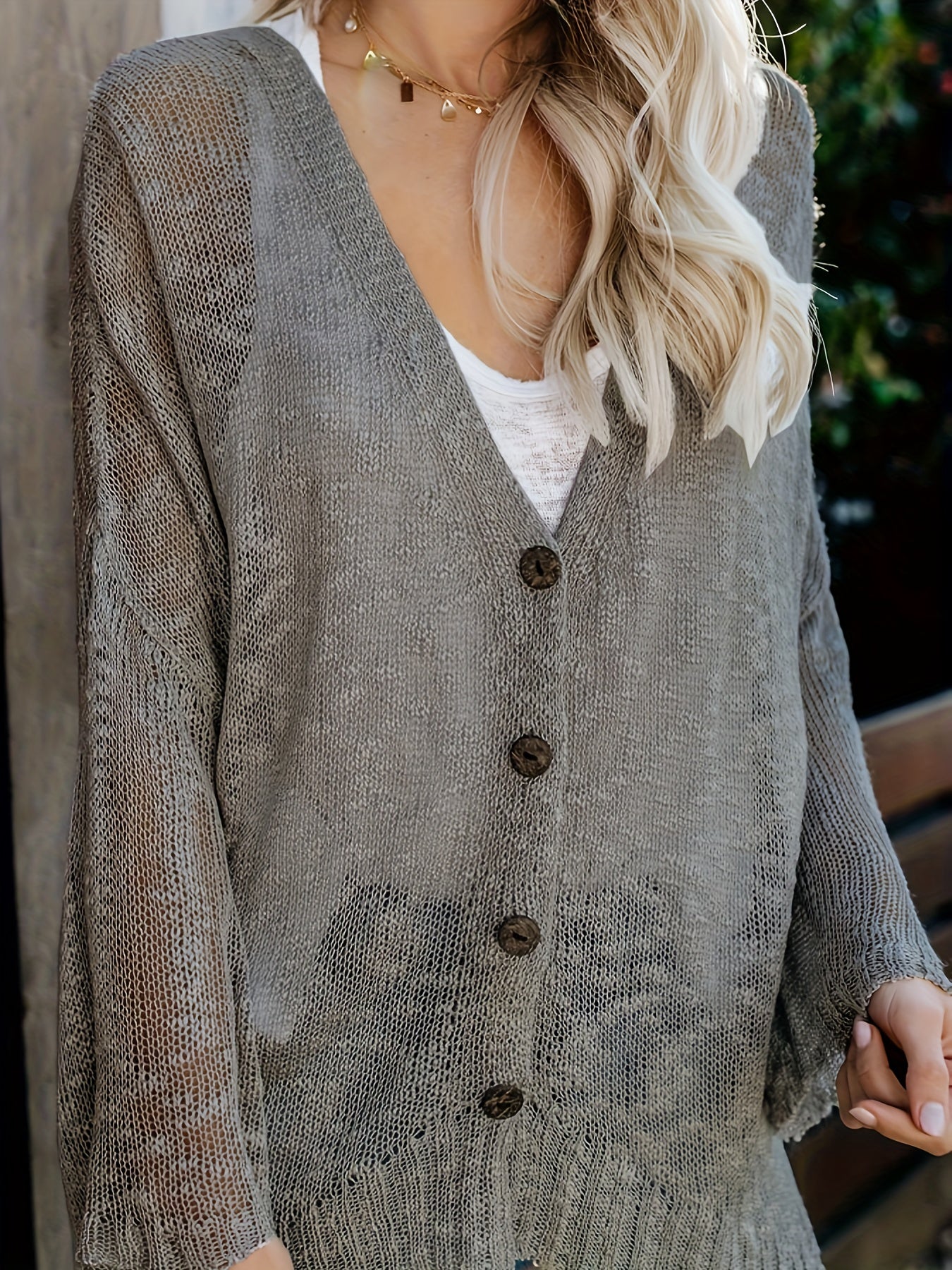  Solid Long Sleeve Button Up V Neck High Stretch Cardigan