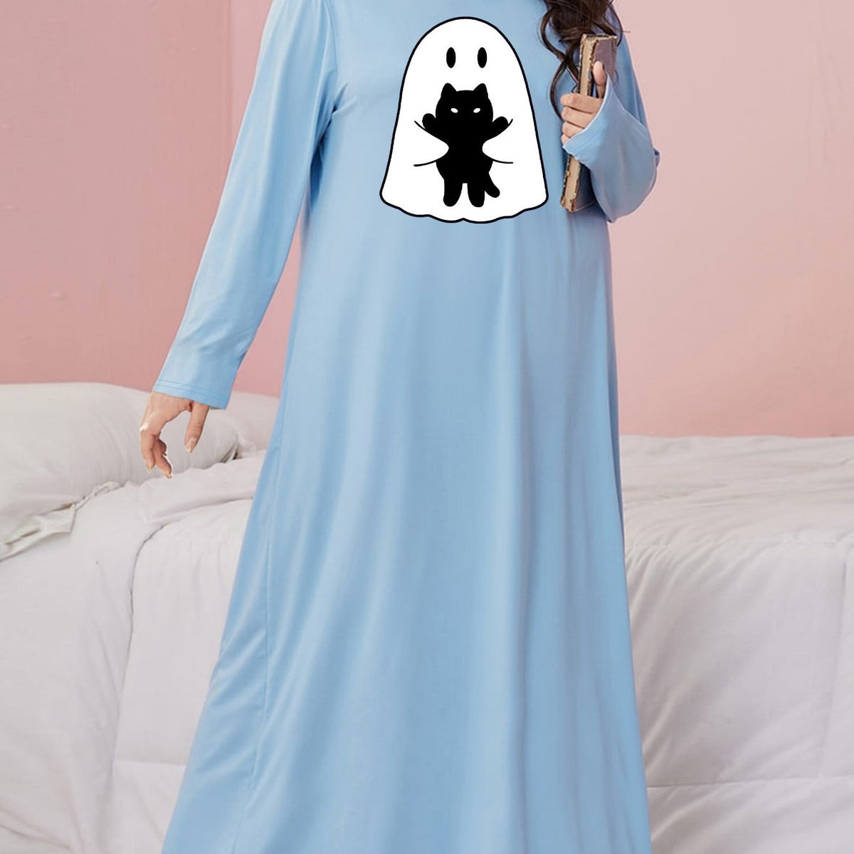 Plus Size Ghost & Cat Print Halloween Nightdress Long Sleeve