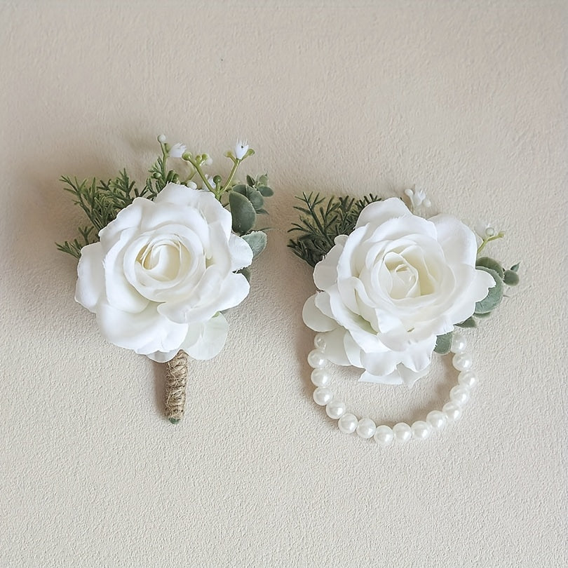 Artificial Rose Wrist Flowers & Men's Chest Flowers for Wedding Dance Party