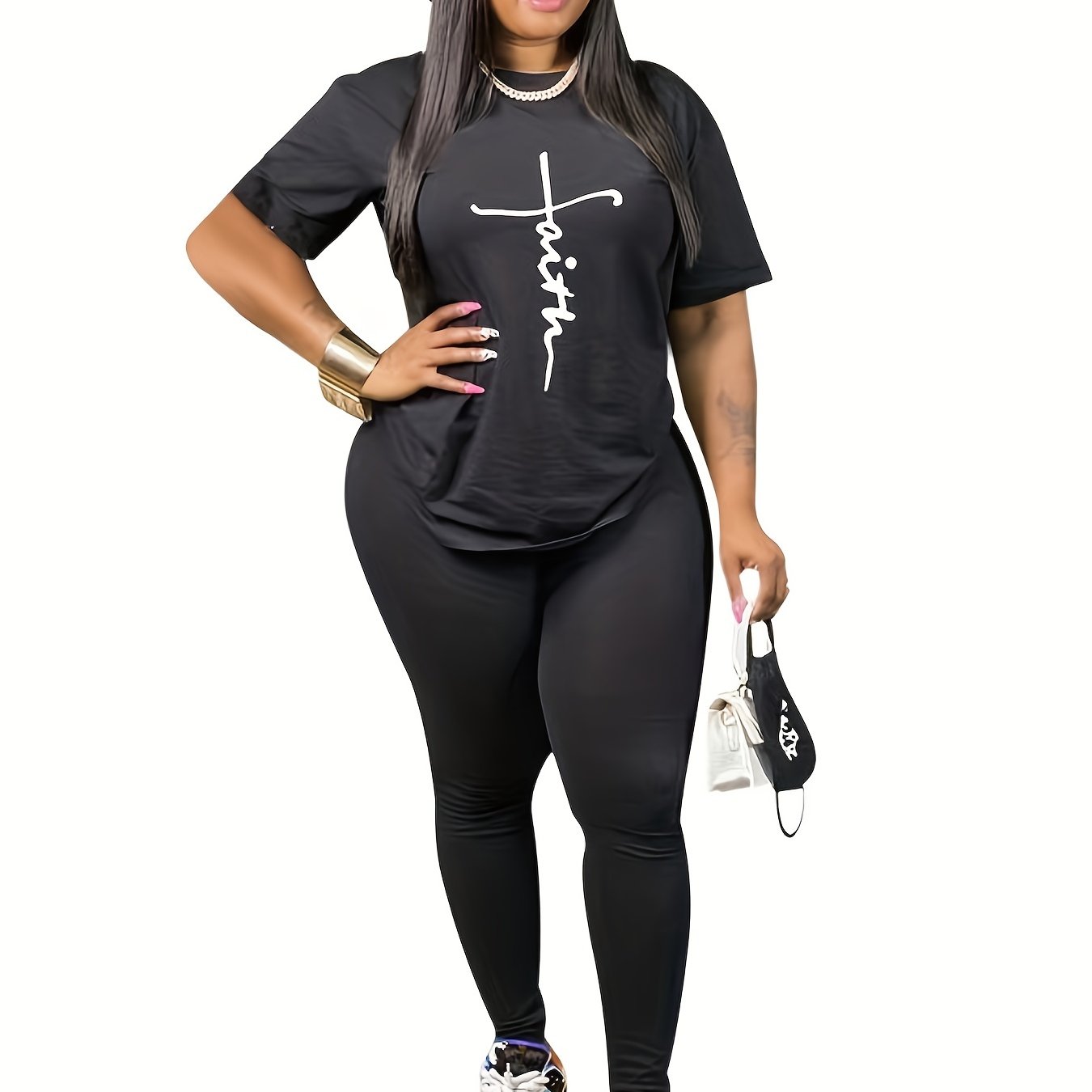  Letter Print T-Shirt & Skinny Pants Set - Women's  Casual