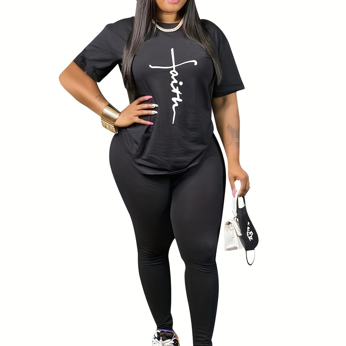  Letter Print T-Shirt & Skinny Pants Set - Women's  Casual