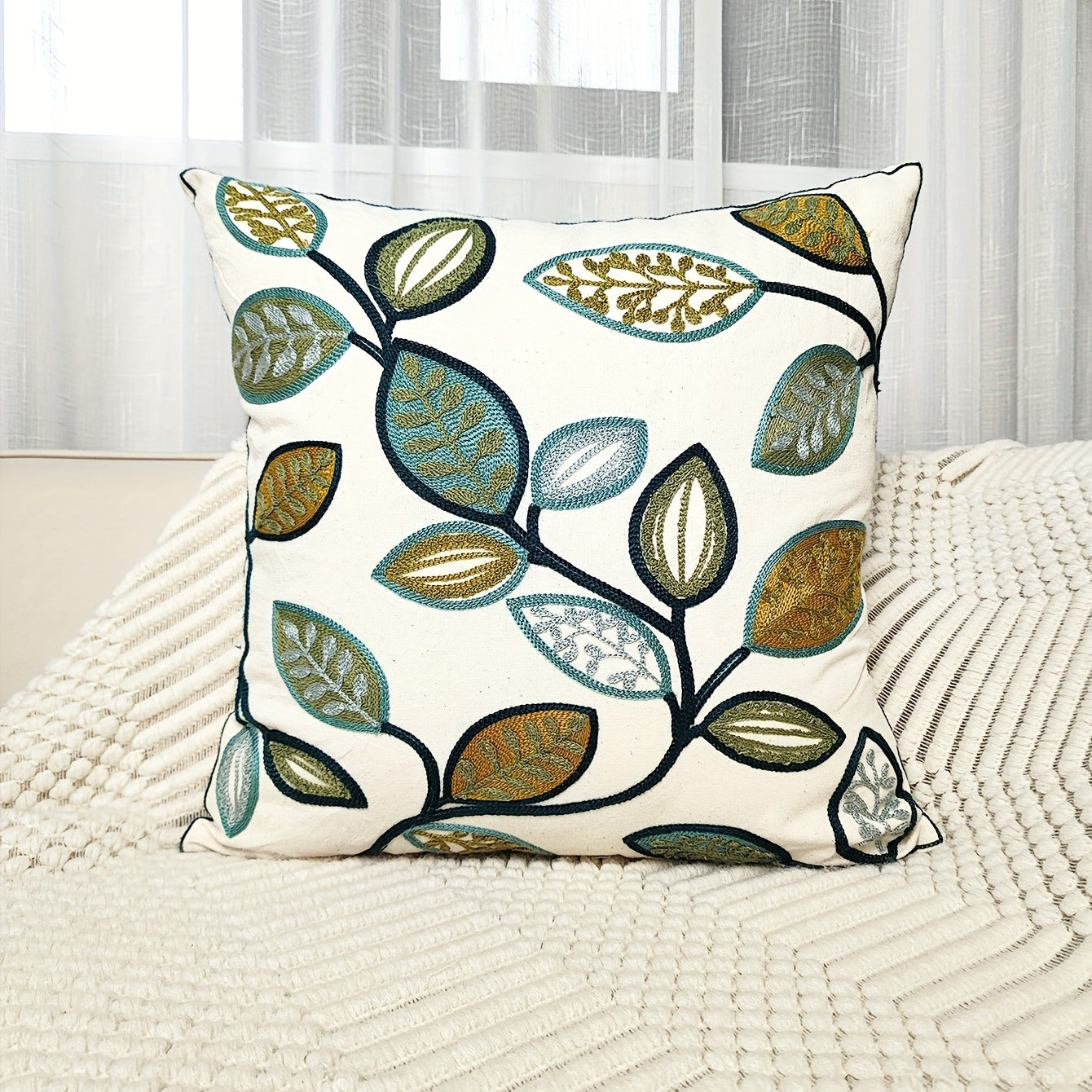 Leaf Embroidered Canvas Throw Pillow Cover for Home Decor