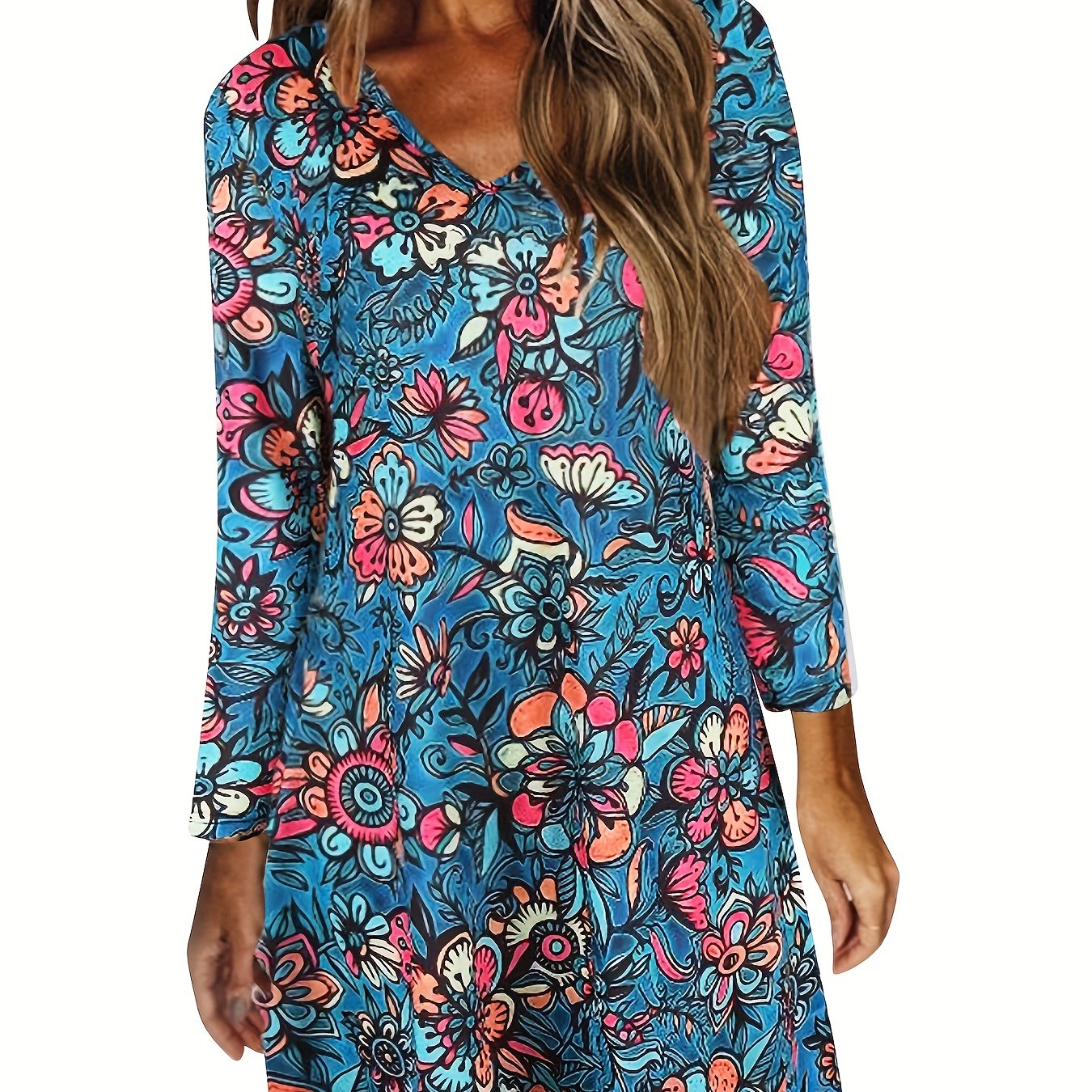  Women's Floral Print Long Sleeve V Neck Dress