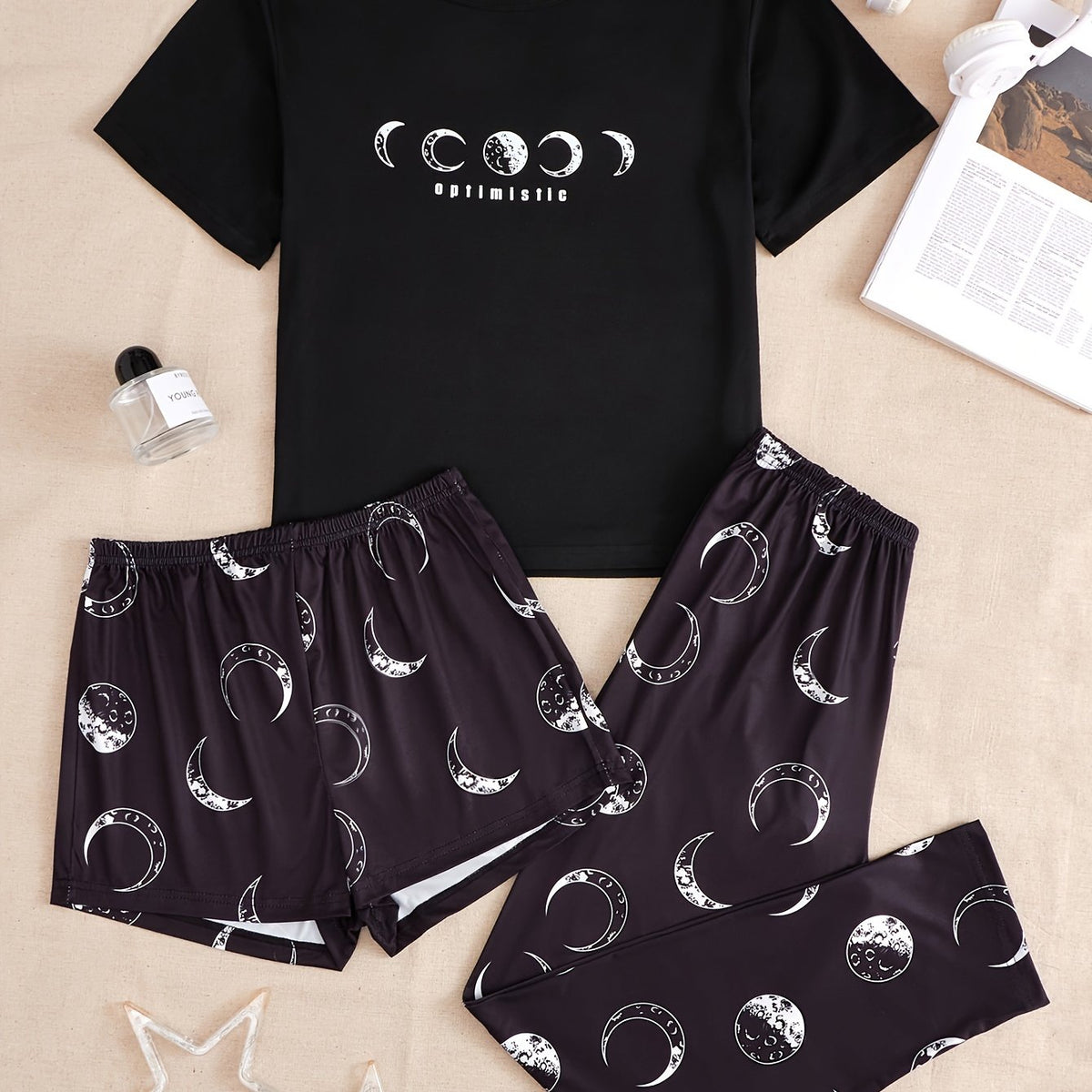 Moon Print Pajamas Set Short Sleeve Top & Shorts & Pants