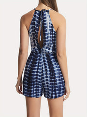 Abstract Print Tie Back Romper Sleeveless Slim Waist Casual Romper