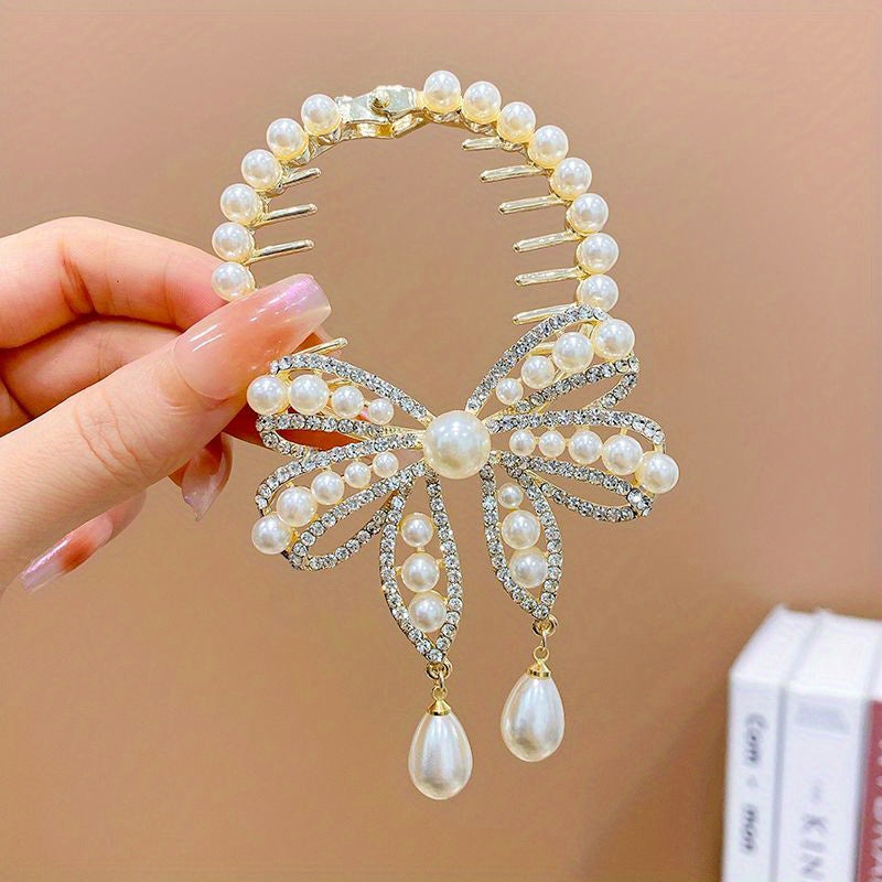 Faux Pearl Butterfly Hair Claw Clip Rhinestone Bun Clip