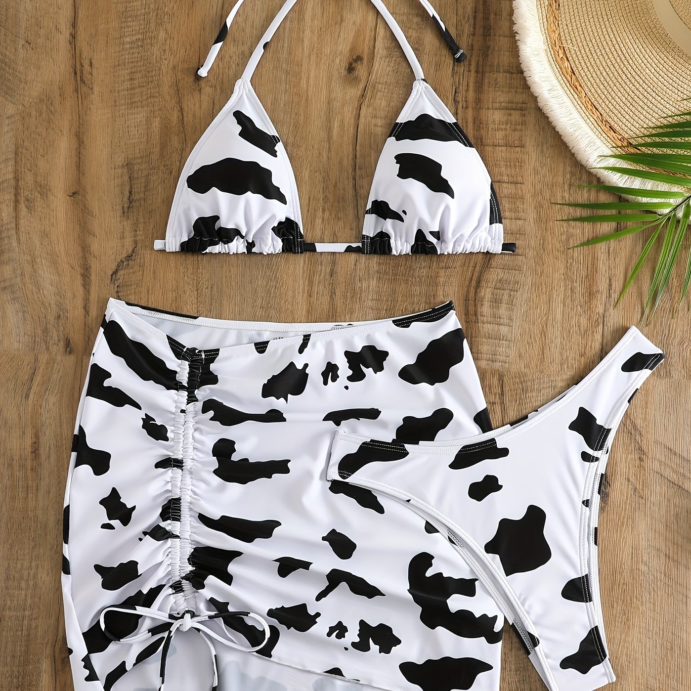 Cow Print Halter Tie Neck Bikini & Wrap Cover Up Set