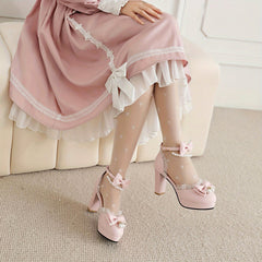 Women's Bowknot Mary Jane Lace Chunky Heeled Shoes