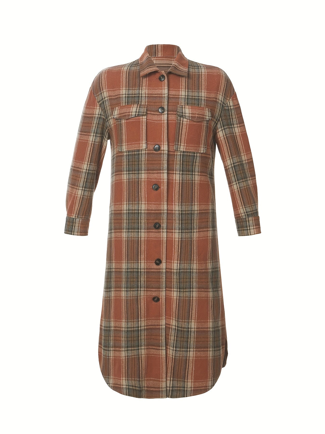  Plaid Print Long Sleeve Button Up Shirt Dress