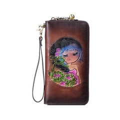 Handcrafted Leather Women's Wallet Floral & Illustration Zipper