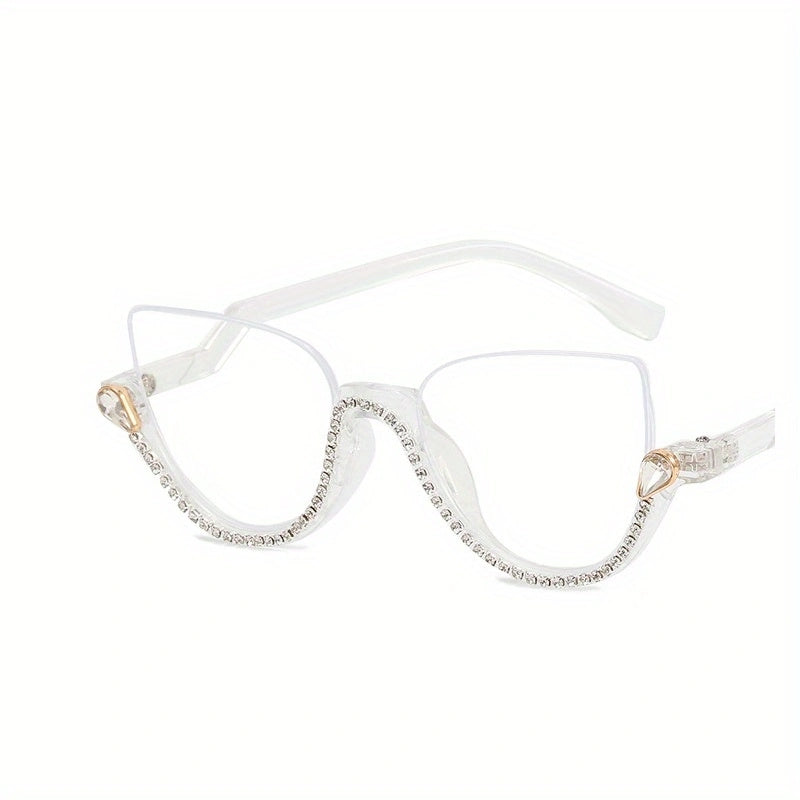 Semi Rimless Cat Eye Glasses Rhinestone Decor Clear Lens Stylish