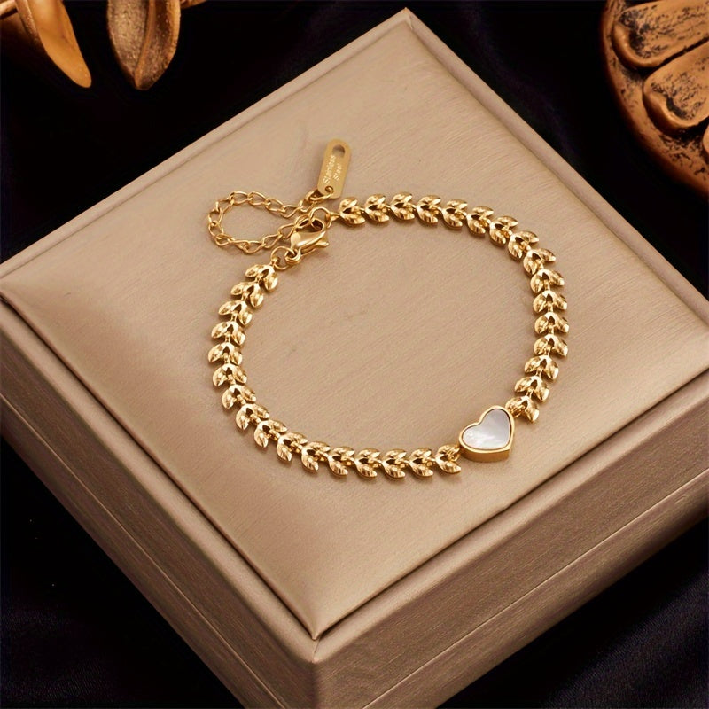 Golden Tone Heart Charm Bracelet Shell Mosaic Stainless Steel Women