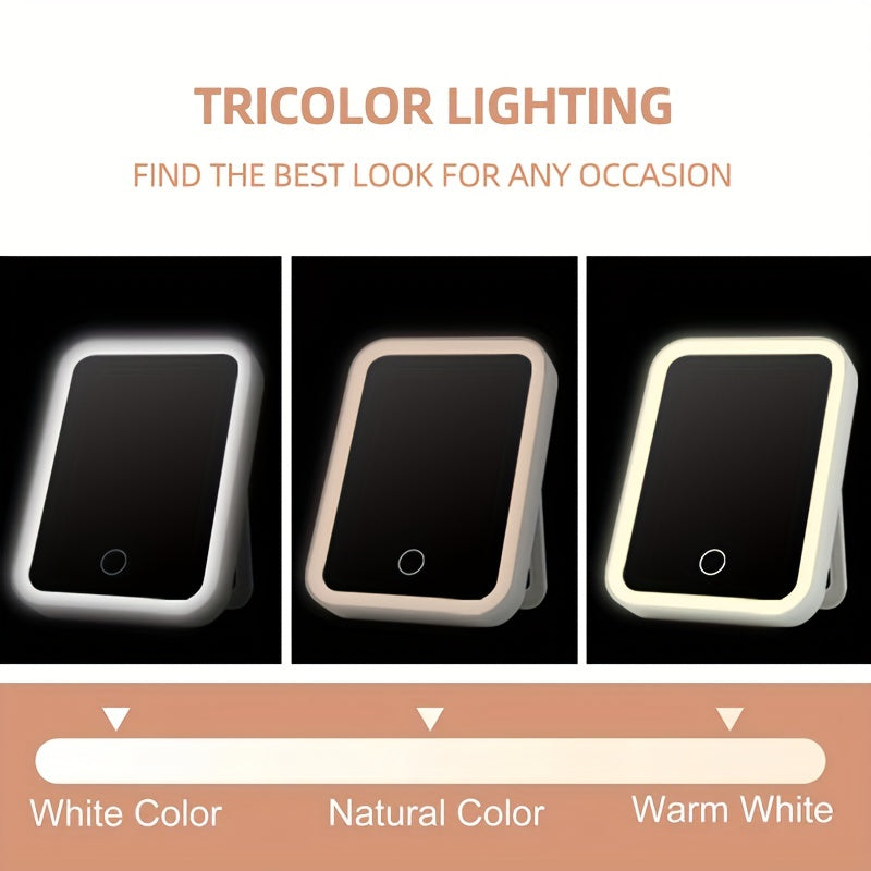 Portable Folding LED Vanity Mirror 3 Lighting Modes USB Rechargeable Pink