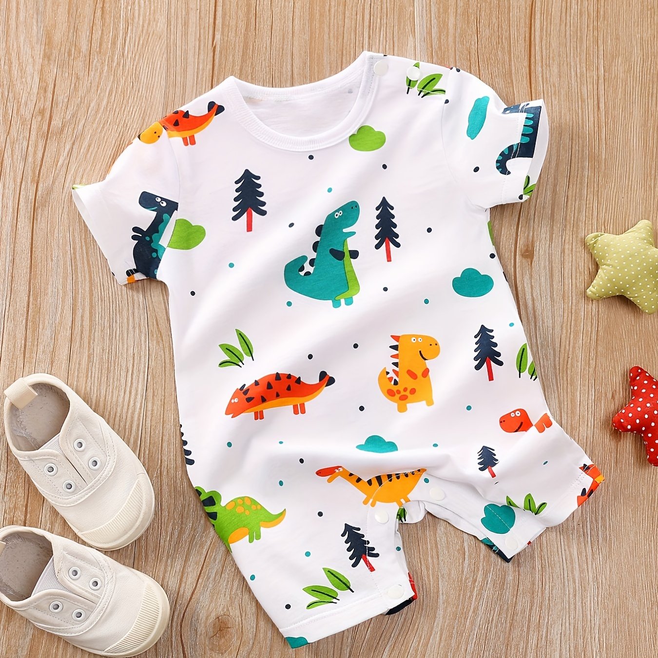 Dinosaur Print Cotton Short Sleeve Romper Jumpsuit