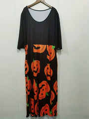  Colorblock Pumpkin Print Round Neck Dress With Pockets