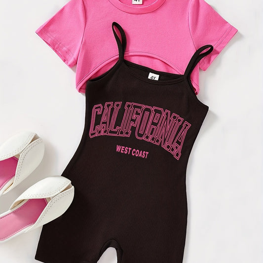 Girls 2 Piece Outfits Short Sleeve Crop Top Cami Shorts Romper for Vacation