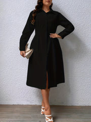  Solid Button Up Long Sleeve Polo Neck Midi Shirt Dress