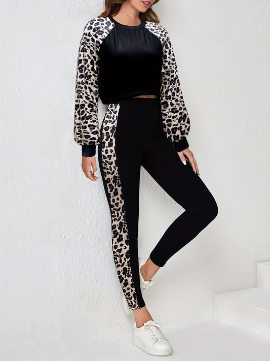 Leopard 2pc Set Long Sleeve T-shirt & Leggings Outfit Women's Clothing