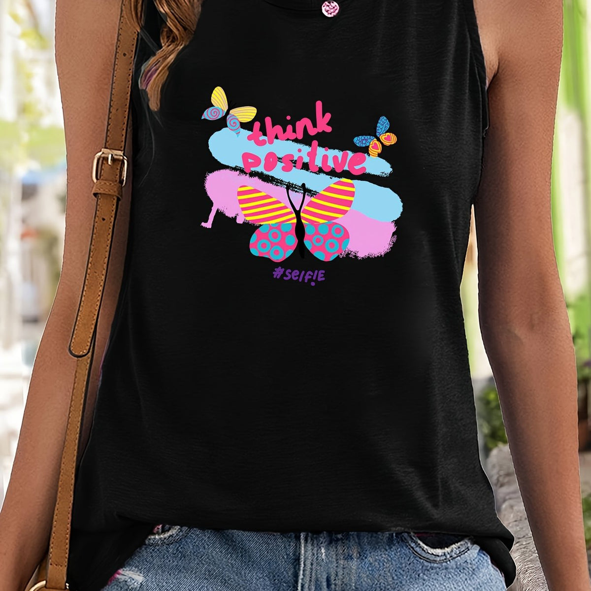 Butterfly & Letter Print Sleeveless Sports Vest Women's Casual Tops