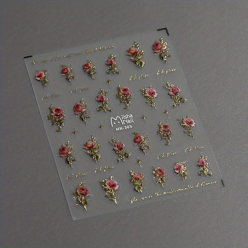 5D Embossed Rose Flower Nail Sticker Decals
