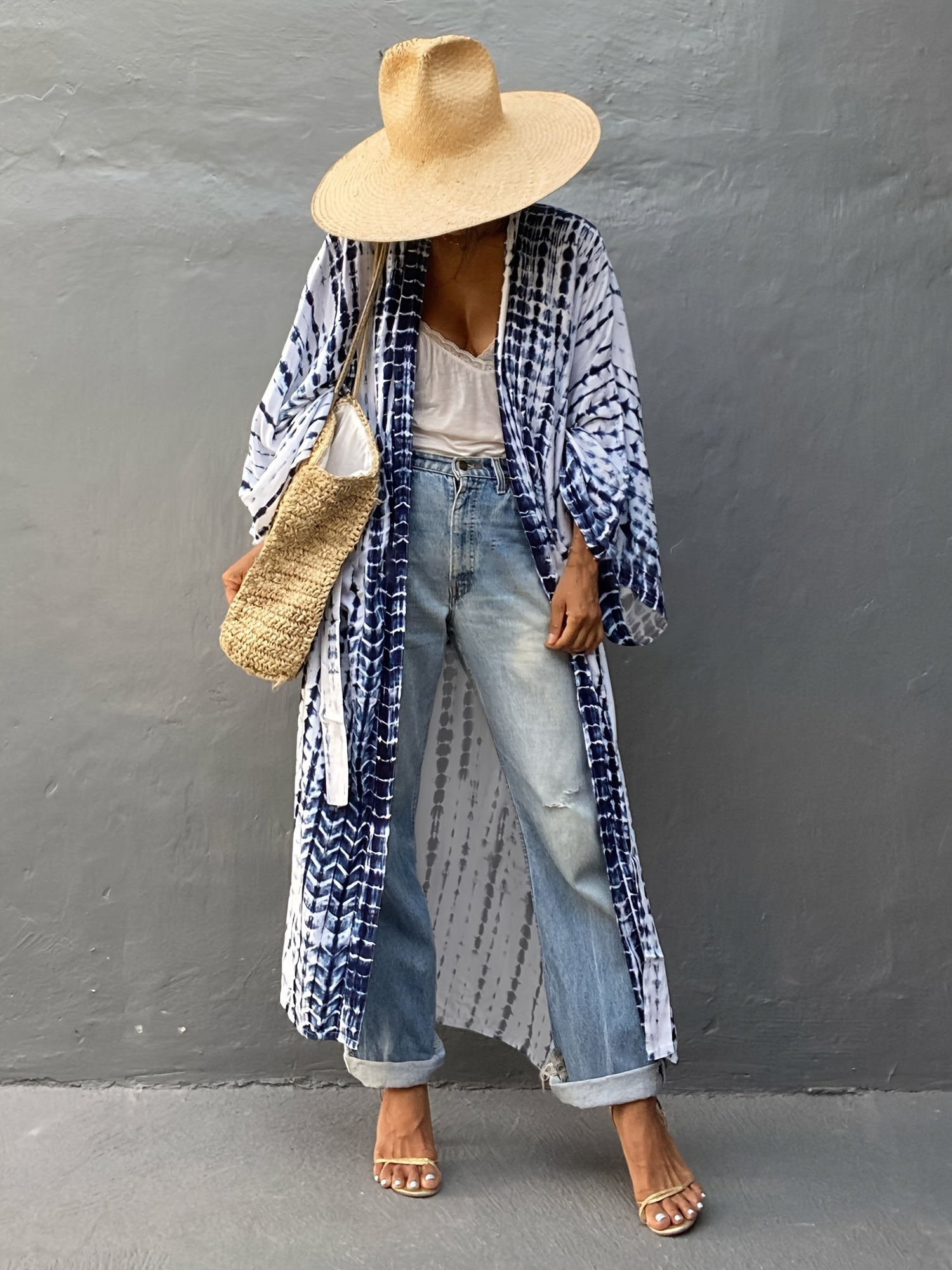  Tie Dye Striped Kimono Beach Cover Up