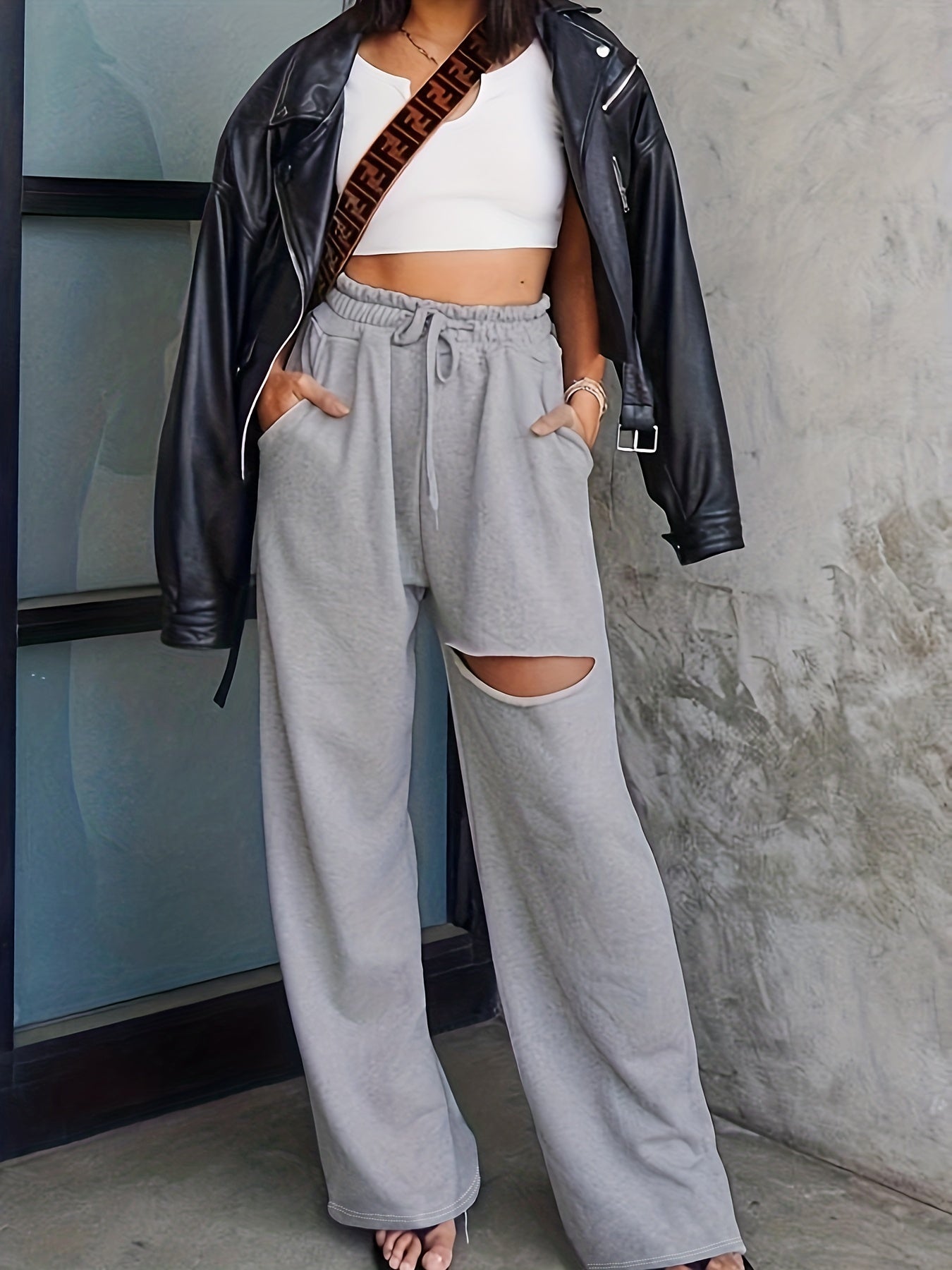  Solid Ripped Elastic High Rise Wide Leg Sweatpants