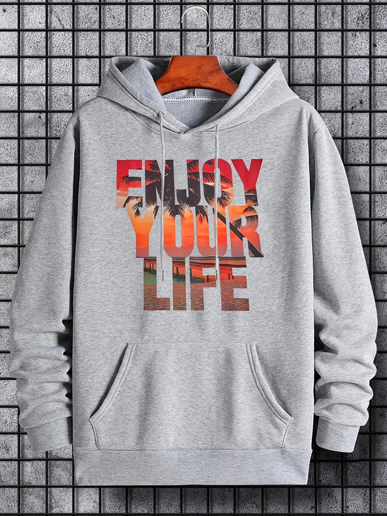 'Enjoy Your Life' Print Hoodie Men's Casual Pullover Hooded Sweatshirt
