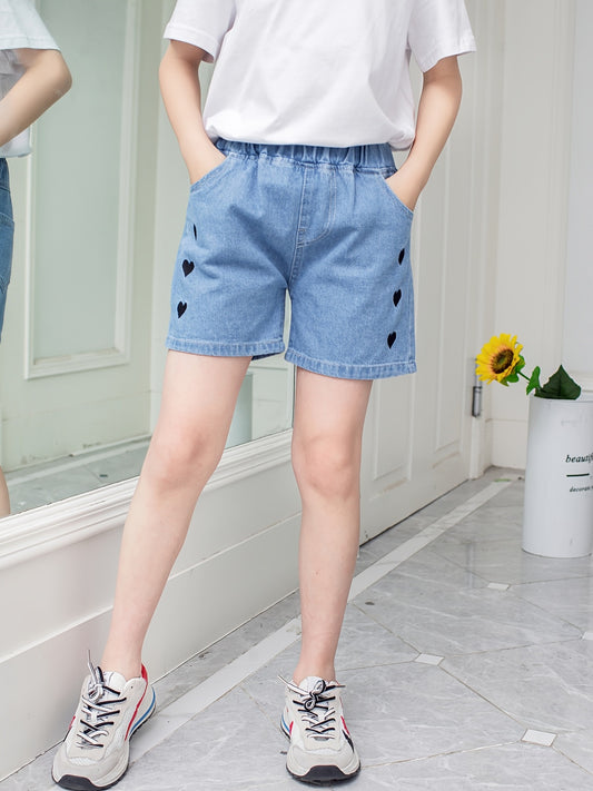 Girls Heart Embroidered Denim Shorts Set for Summer