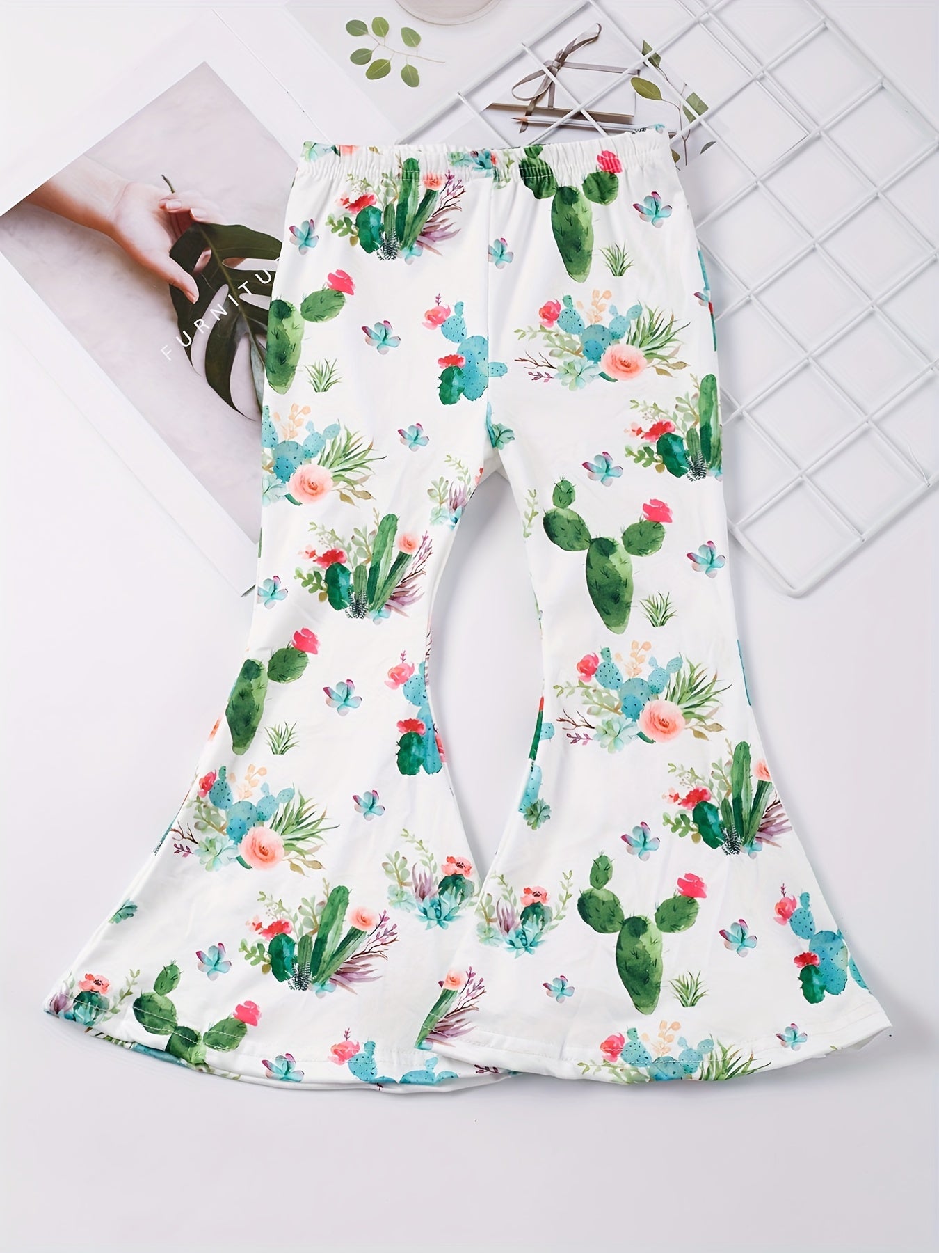 Girls Cartoon Cactus Slim Flare Leg Pants