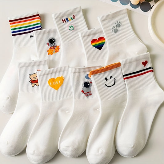 Girls Cartoon Striped Crew Socks Cotton Thin Breathable Comfy Kids Socks