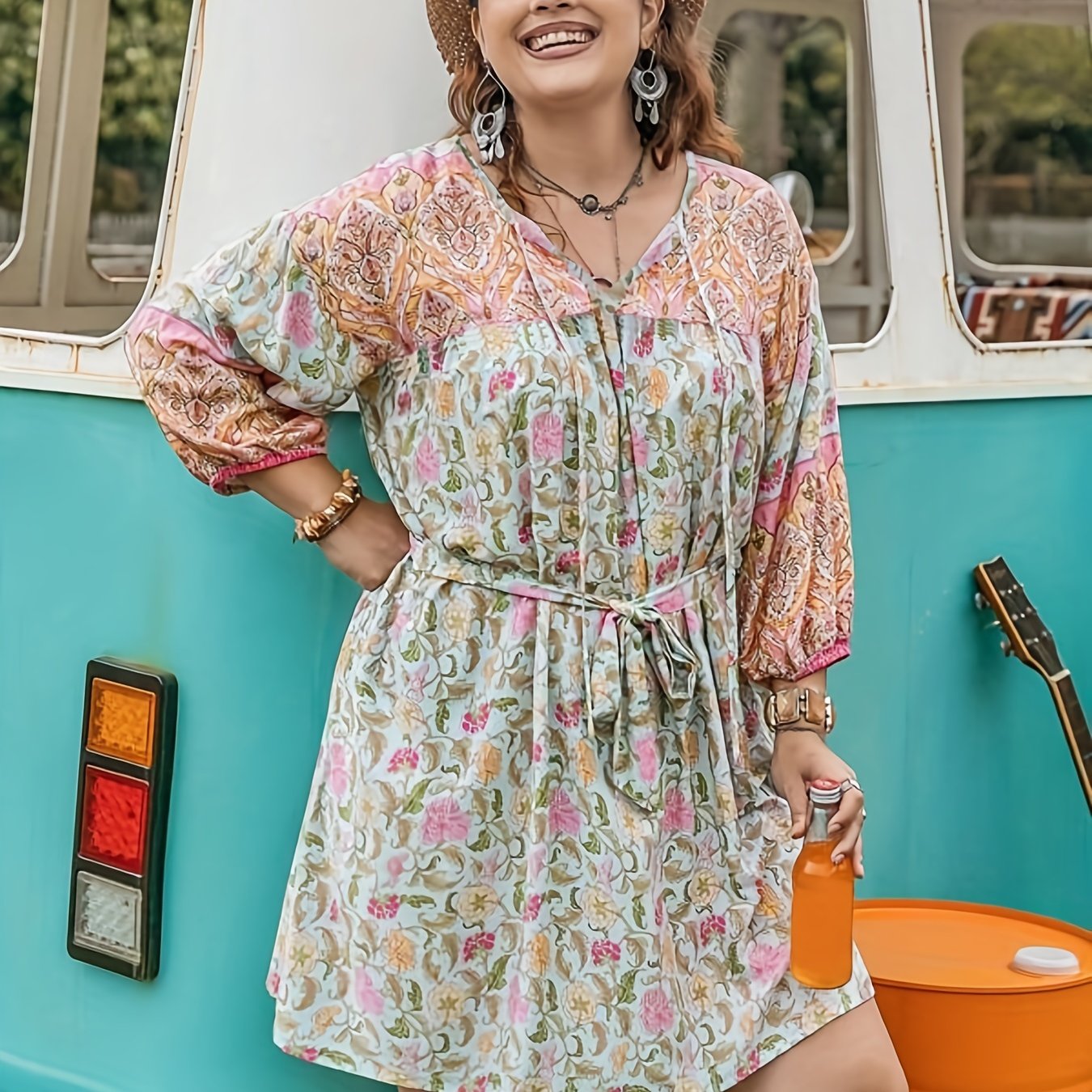 Floral Print Lantern Sleeve V Neck Dress With Belt