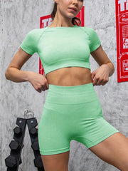 2pcs Green Yoga Fitness Sets Short Sleeve Cropped Tops & Shorts Sets