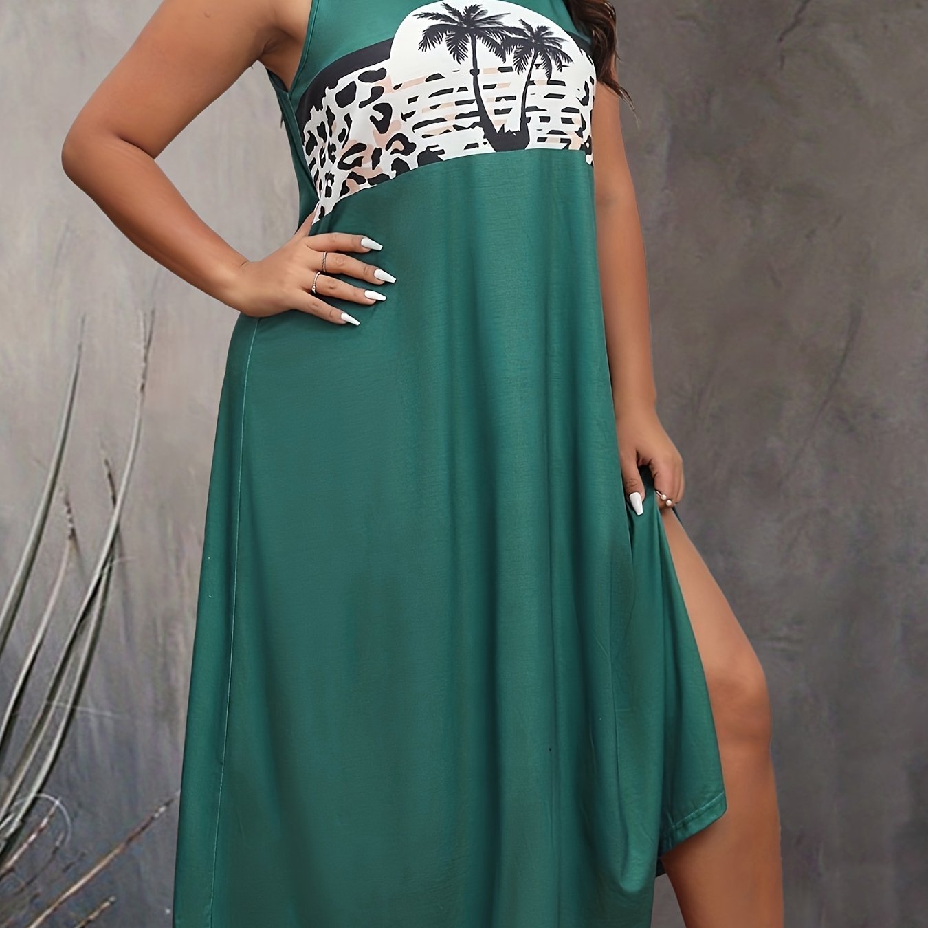  Leopard Print Maxi Tank Dress V Neck Medium Stretch