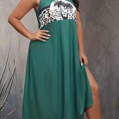  Leopard Print Maxi Tank Dress V Neck Medium Stretch